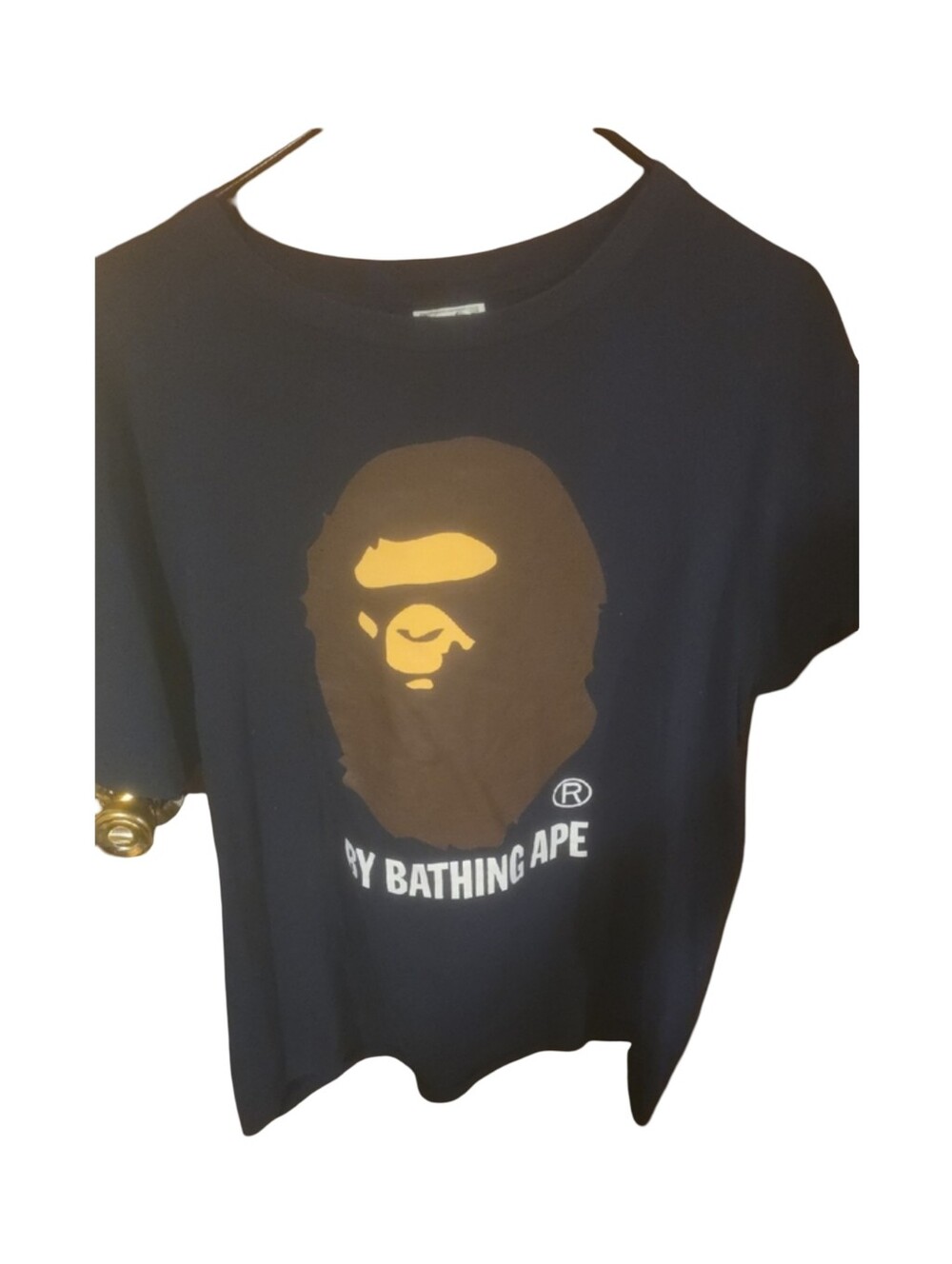 Bape Navy Tee with Brown Ape Head and Yellow Accents